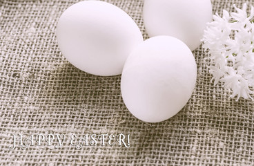 Easter eggs and white flowers on canvas