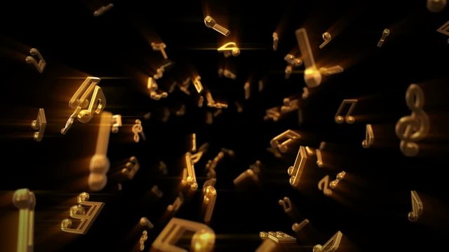 Abstract flow of golden musical notes flying into the camera