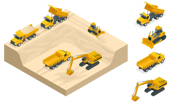 Isometric Excavators And Bulldozers Dig A Pit On The Sand Quarry.