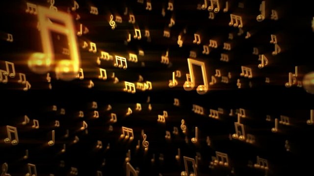 Abstract flow of golden musical notes flying into the camera