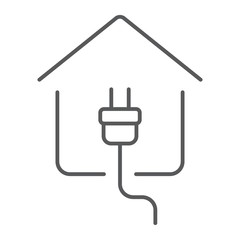 Electricity home thin line icon, real estate and home, plug sign vector graphics, a linear pattern on a white background, eps 10.
