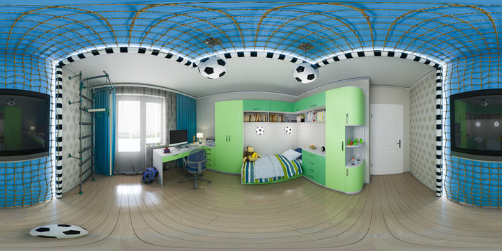 3d illustration of nursery interior design. Spherical 360 degrees, seamless panorama modern studio apartment. Football style play room interior