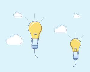 Flat line design vector illustration with flying lightbulbs like air balloons. Vector illustration for creativity freedom, innovation and imagination.