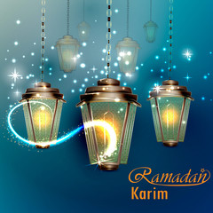 Greeting card design decorated with lamps for Holy Month of Muslim Community, Ramadan Mubarak celebration.