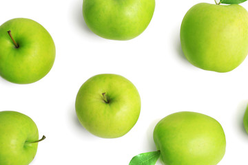 Fresh green apples on white background, top view