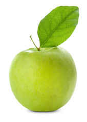 Fresh green apple with leaf on white background