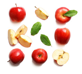 Ripe red apples on white background, flat lay