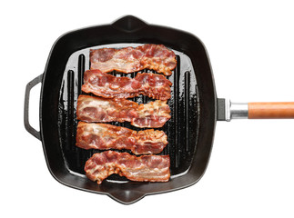 Grill pan with bacon on white background