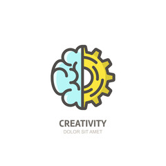 Vector logo icon, emblem with brain and gear cog. Abstract flat linear illustration. Design concept for business startup, development, innovation, creativity.