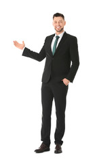 Young business trainer on white background