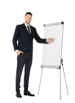 Young Business Trainer Near Flip Chart On White Background