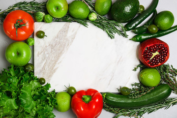 Frame made of vegetables and fruits, top view