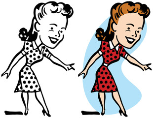 A smiling woman in a polka dotted dress points at something to the right. 