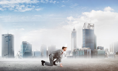 King businessman in elegant suit running and business center at background