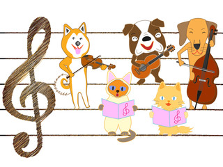 Obraz na płótnie Canvas 犬と猫のコンサート。犬と猫が歌ったり、楽器を演奏したりしている。
