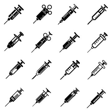 Syringe needle injection icons set, simple style