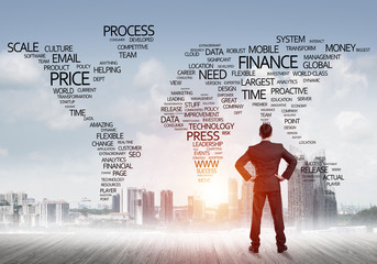 Motivation and inspiration concept with modern cityscape and businessman observing it
