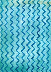 Blue watercolor pattern with blue zigzag stripes, hand drawn with imperfections and water splashes.