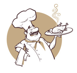 Of happy cheaf with fried chicken. Vector illustration.