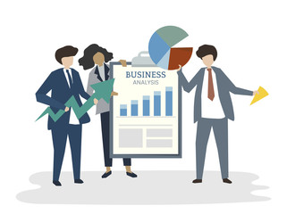 Illustration of business people analysing business graphic