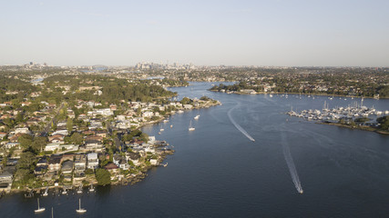 Aerial view of the Parramatta river and Sydney.