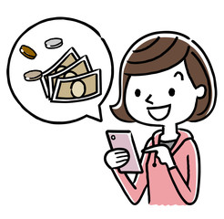 女の子：スマートフォン、パソコンとお金
