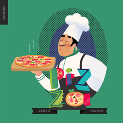 Italian restaurant set - italian restaurant logo with a cook enjoing the pizza smell and lettering Pizza, cartoon character