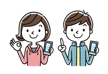 男の子と女の子：スマホ、スマートフォン