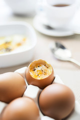 Fresh boiled eggs on clean table background