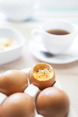 Fresh boiled eggs on clean table background