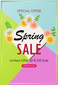 Spring sale background banner with beautiful colorful flower