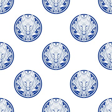Wolf face double exposure with tree in Aztec tribal circle shape tattoo blue and white or Porcelain tone seamless pattern 