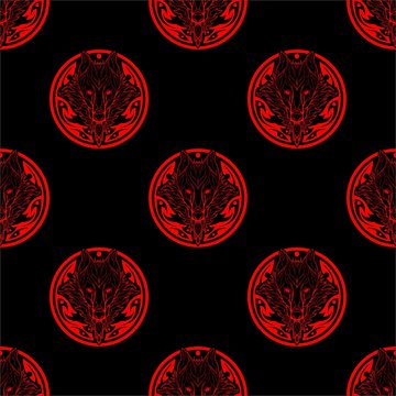 Wolf face double exposure with tree in Aztec tribal circle shape tattoo red and black seamless pattern 