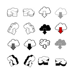 Set of Collection modern vector. Cloud upload download icon multi type of 3d isometric, solid, line, scribble hatch, doodle, shadow isometric and a little colour on white background eps10