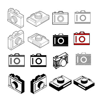 Set of Collection modern vector. Camera icon multi type of 3d isometric, solid, line, scribble hatch, doodle, shadow isometric and a little colour on white background eps10