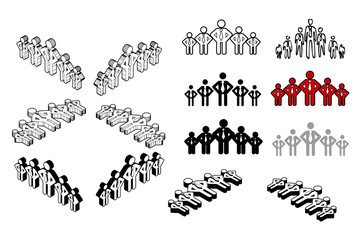 Set of Collection modern vector. Group People icon multi type of 3d isometric, solid, line, scribble hatch, doodle, shadow isometric and a little colour on white background eps10