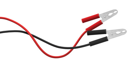 3d rendering of two sets of red and black car battery clamps connected to a cable.