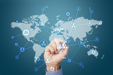 Social network and global recruitment, outsourcing and HR. Virtual screen with world map and...