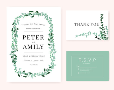 Wedding invitation Card template with green plant