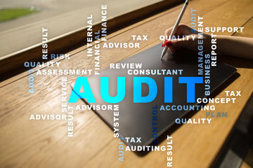 Audit business concept. Auditor. Compliance. Virtual screen technology. Words cloud.