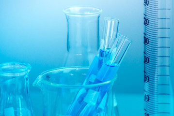 Test tubes closeup, science laboratory research and development concept