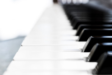 Side view of piano keys. Close-up of piano keys. Close frontal view. Piano keyboard with selective focus. Diagonal view. Piano keyboard perspective