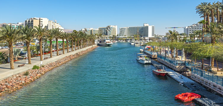Serene morning at central marina in Eilat - famous resort and recreational city in Israel