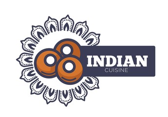 Indian cuisine promotional emblem with traditional bakery products