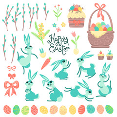 Set of design elements and characters for Happy Easter. Cute Easter bunnies, painted eggs, willow branches, cakes, pie and flowers. Vector illustration