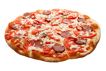 Pizza with salamy, cheese, tomato and peper isolated on white background
