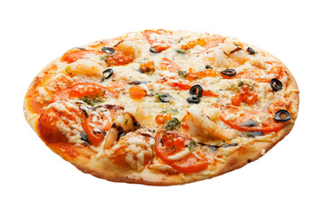 Pizza with caviar, shrimp, cheese, tomato and olives isolated on white background