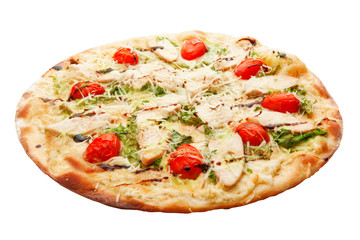 Pizza with bacon, cheese, tomato and salad isolated on white background
