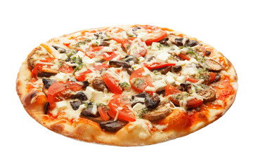 Pizza with mushrooms, cheese and tomato isolated on white background