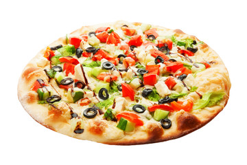 Pizza with cucumbers, olives, cheese, tomato and salad isolated on white background